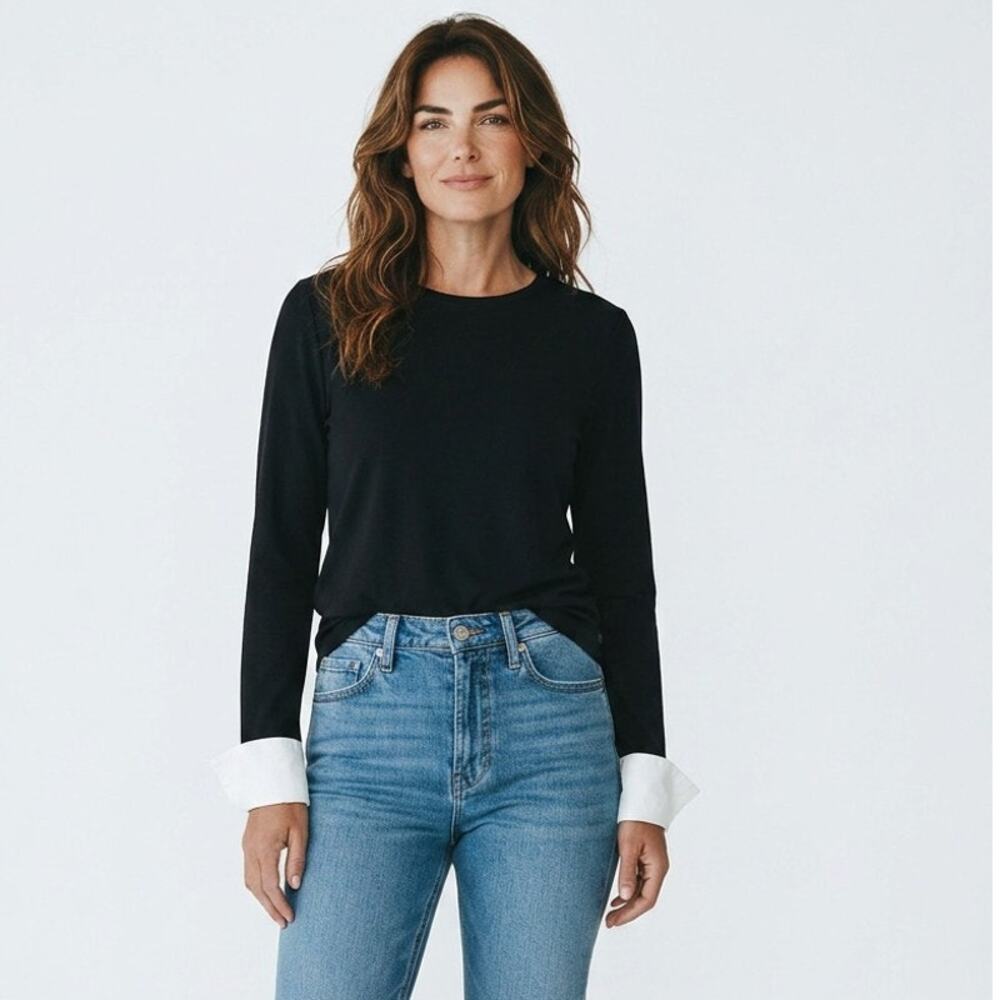 Karl Lagerfeld L Paris layered-look sweater top knit Black White Cuffs Pullover